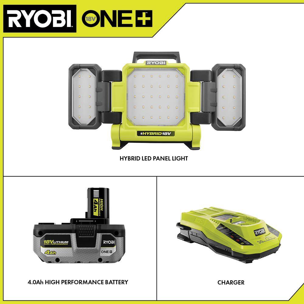 RYOBI PCL631B-PSK004 ONE+ 18V Cordless Hybrid LED Panel Light Kit with HIGH PERFORMANCE Lithium-Ion 4.0 Ah Battery and Charger Kit