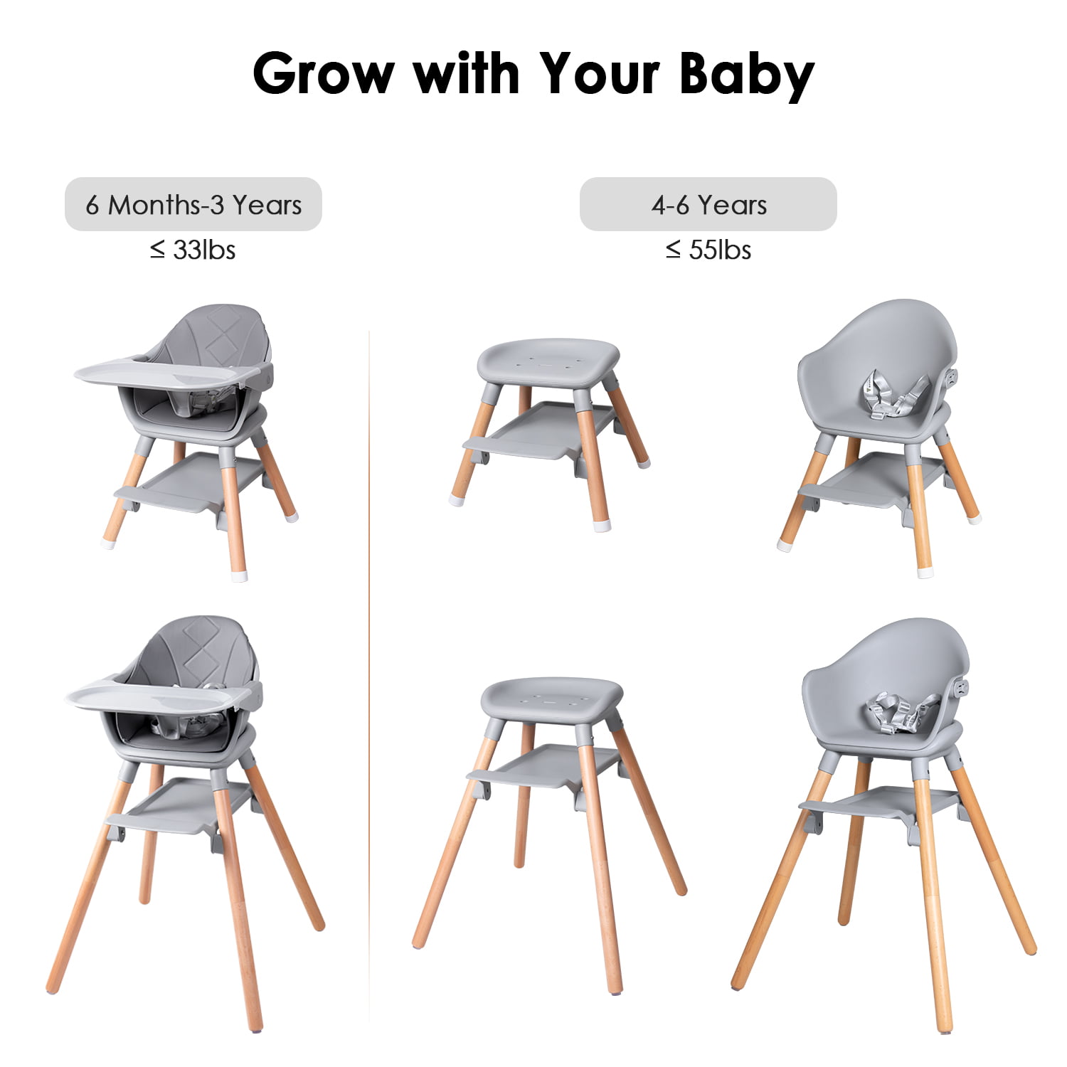 Beberoad Love Baby High Chair. 4 in 1 Wooden Highchair Convertible High Chair Booster Toddler Chair with Double Removable Tray. 5-Point Harness & PU Cushion for Babies Infants Toddlers Grey