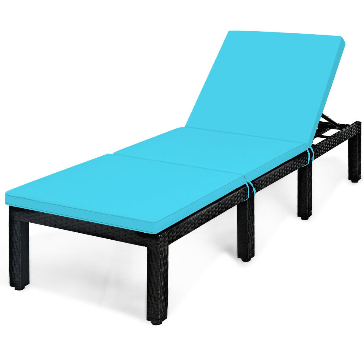 WELLFOR Outdoor Chaise Lounge Rattan Frame Stationary Chaise Lounge Chair(s) with Blue Cushioned Seat