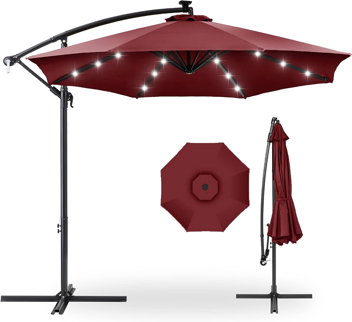 Best Choice Products 10ft Solar LED Offset Hanging Market Patio Umbrella for Backyard. Poolside. Lawn and Garden w/Easy Tilt Adjustment. Polyester Shade. 8 Ribs - Burgundy