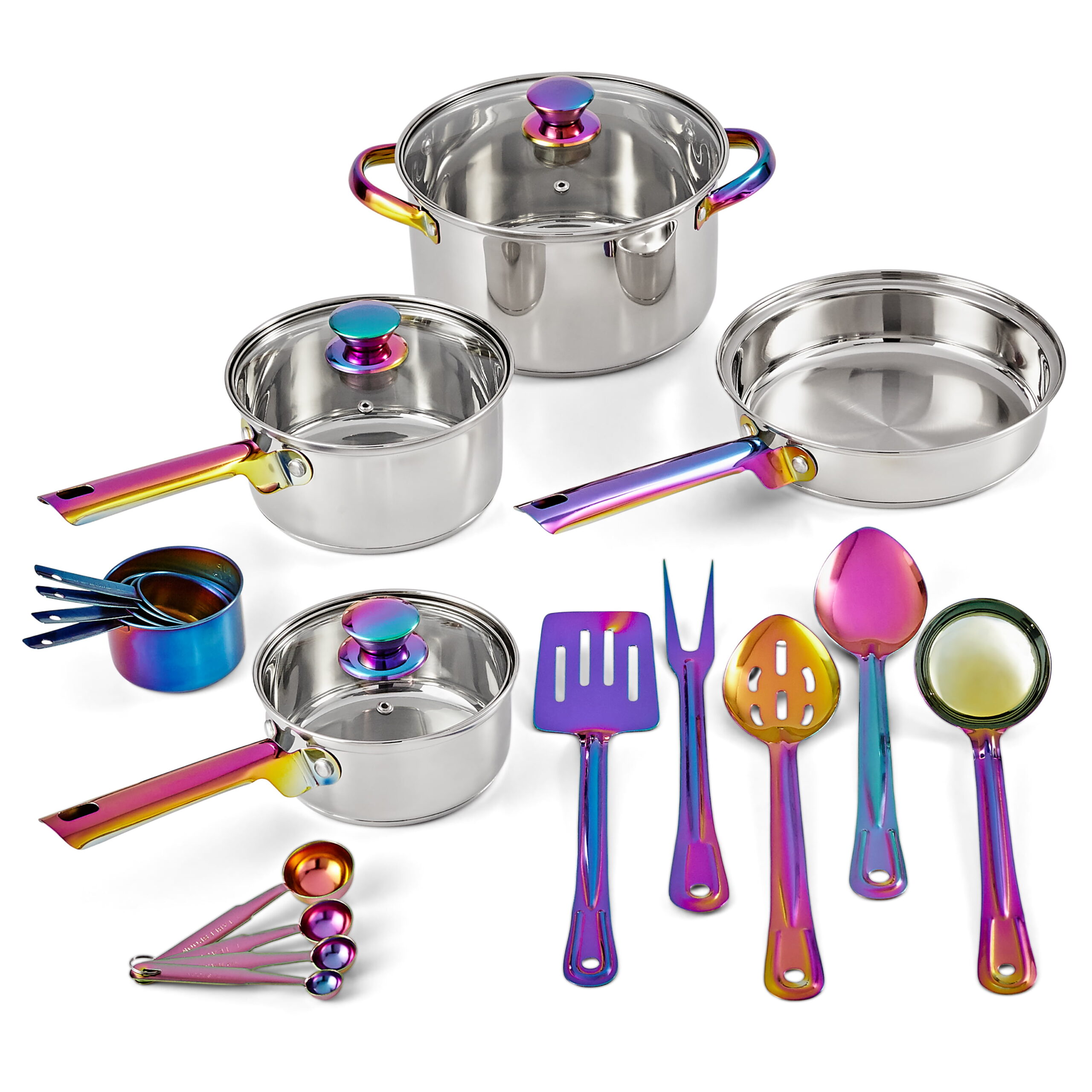 Mainstays Iridescent Stainless Steel 20-Piece Cookware Set. with Kitchen Utensils and Tools