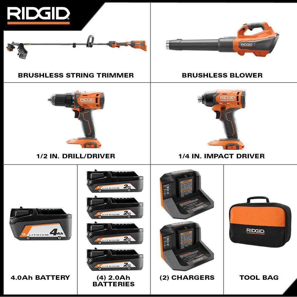 RIDGID R019001-R9272 18V Brushless Cordless String Trimmer. Leaf Blower. Drill/Driver and Impact Driver with (3) Batteries and (2) Chargers