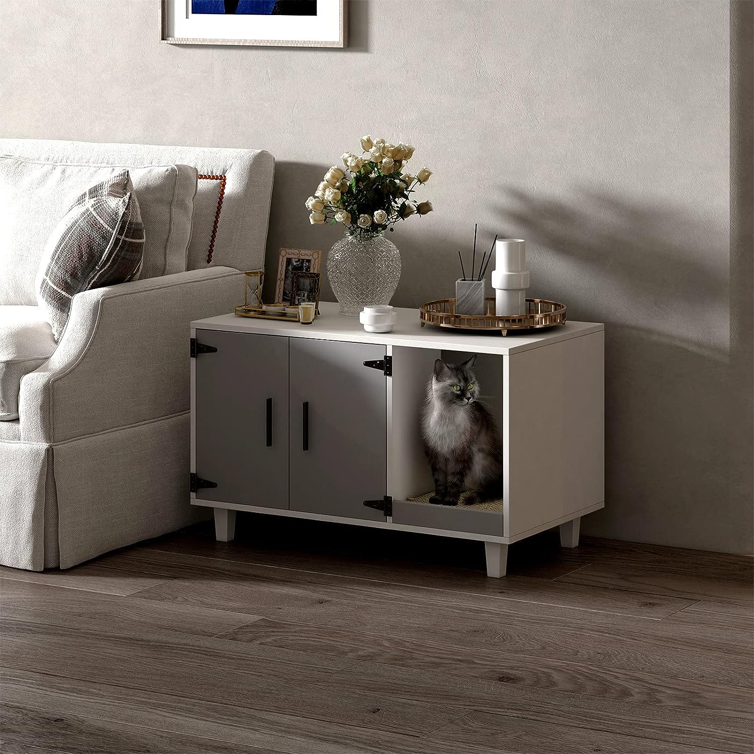 GDLF Modern Wood Pet Crate Cat Washroom Hidden Litter Box Enclosure Furniture House as Table Nightstand with Scratch Pad.Stackable (Gray & White)