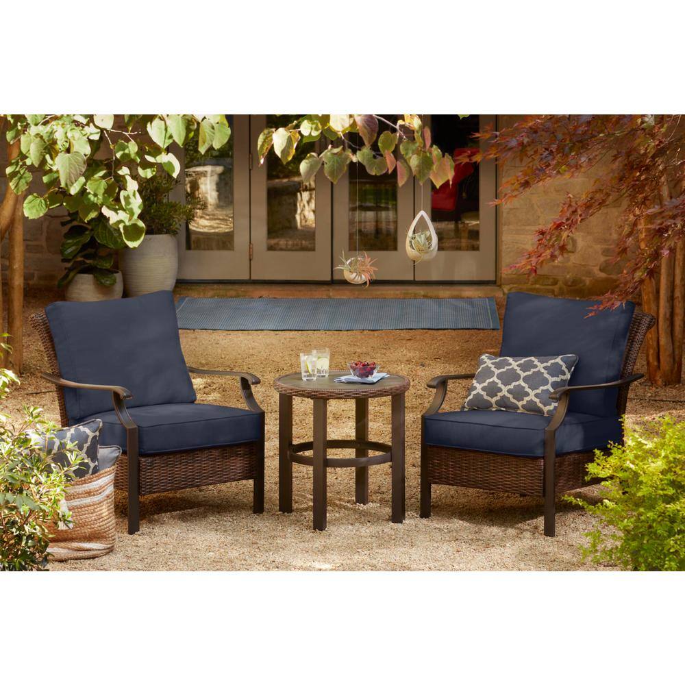 Hampton Bay  Harper Creek 3-Piece Brown Steel Outdoor Patio Chair Set with CushionGuard Sky Blue Cushions