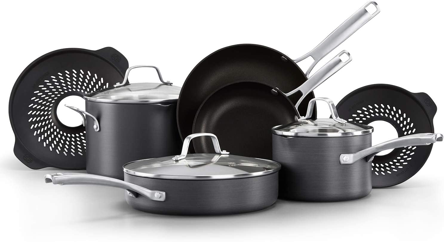 Calphalon 10-Piece Pots and Pans Set. Nonstick Kitchen Cookware with No-Boil Over Inserts and Stay-Cool Stainless Steel Handles. Black