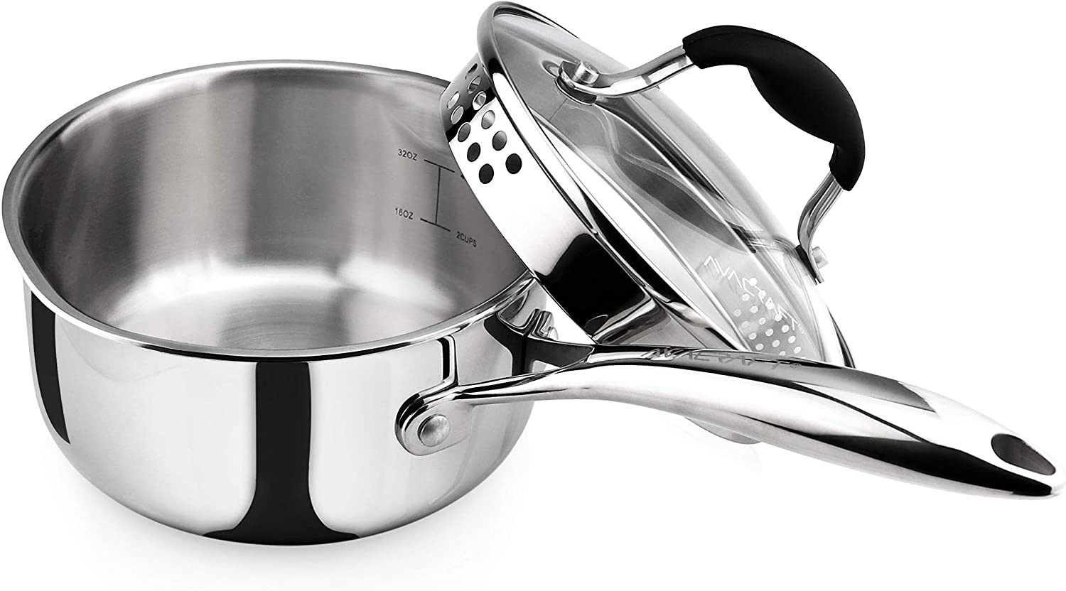 AVACRAFT Tri-Ply Stainless Steel Saucepan with Glass Strainer Lid. Two Side Spouts. Ergonomic Handle. Multipurpose Sauce Pan with Lid. Sauce Pot. Cooking Pot (Tri-Ply Full Body. 1.5 Quart)