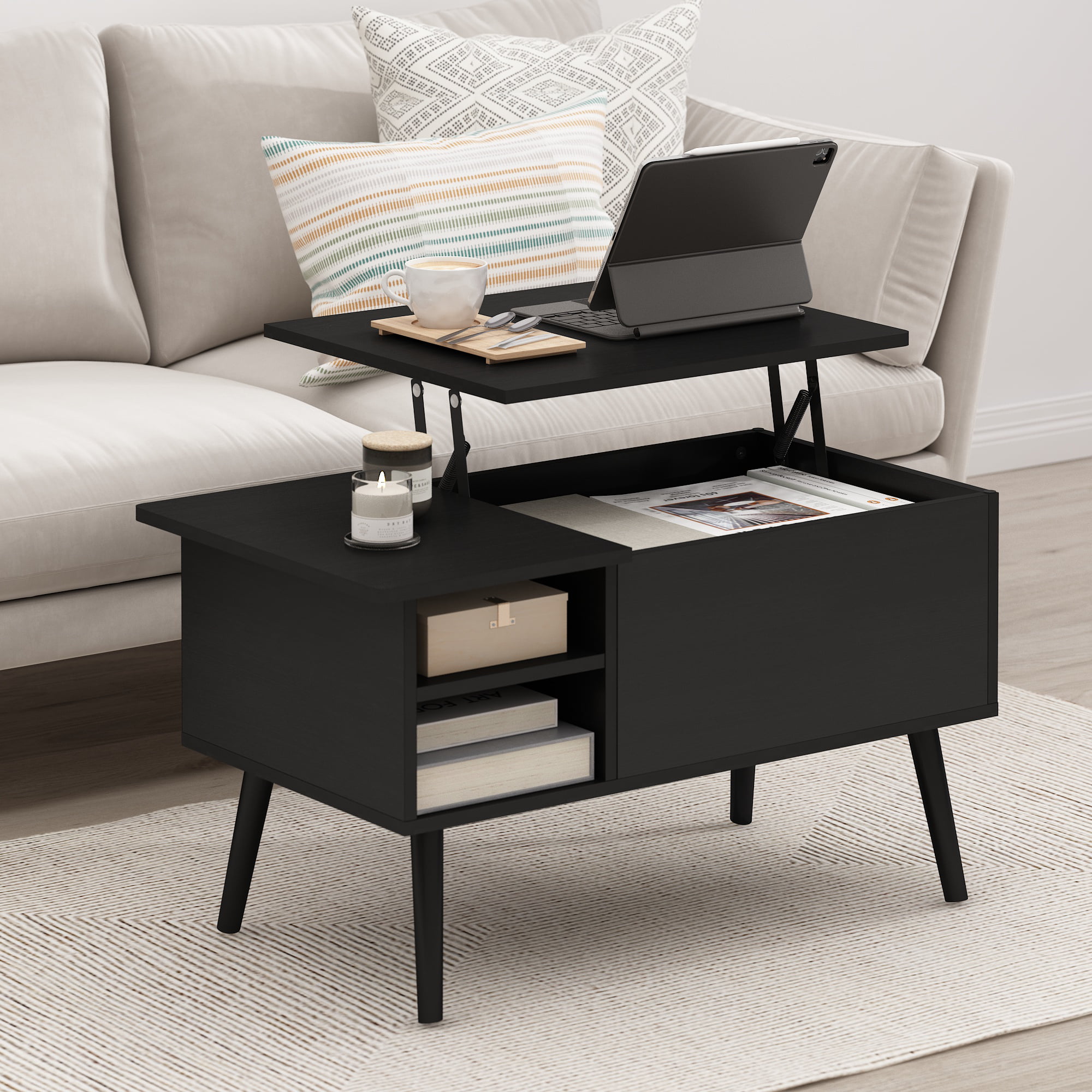Furinno Jensen Lift Top Coffee Table With Wooden Leg. Americano