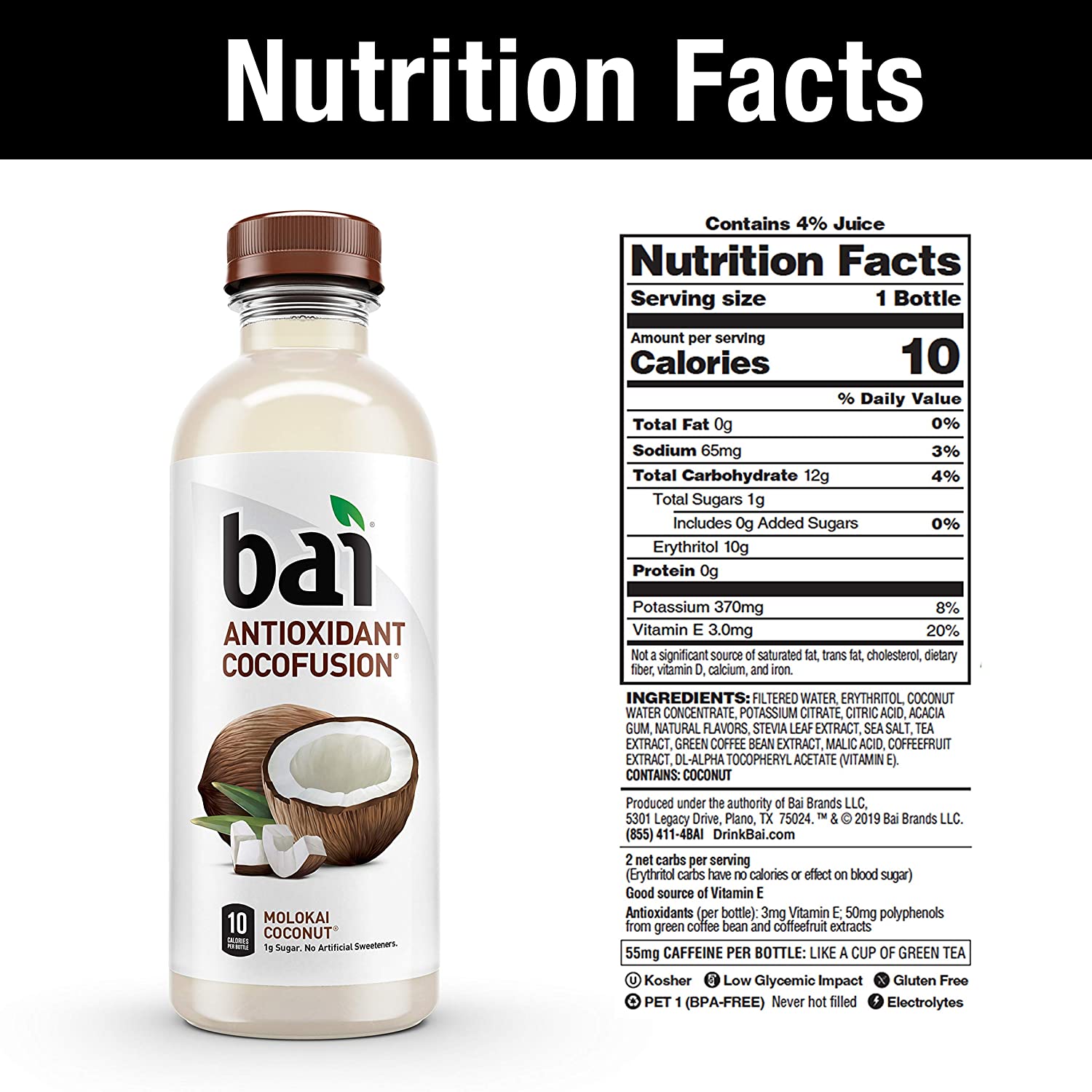 Bai Cocofusions Variety Pack. Coconut Flavored Water. 18 Fl Oz. 12 Pack