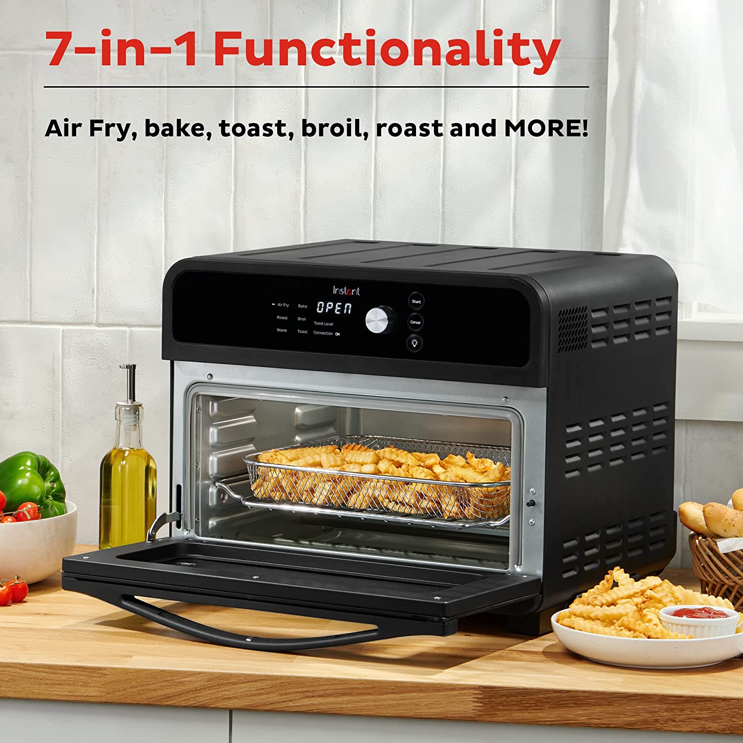 Instant Omni Air Fryer Toaster Oven Combo 19 QT/18L. From the Makers of Instant Pot. 7-in-1 Functions. Fits a 12″ Pizza Oven. 6 Slices of Bread. App with Over 100 Recipes. Black Finish