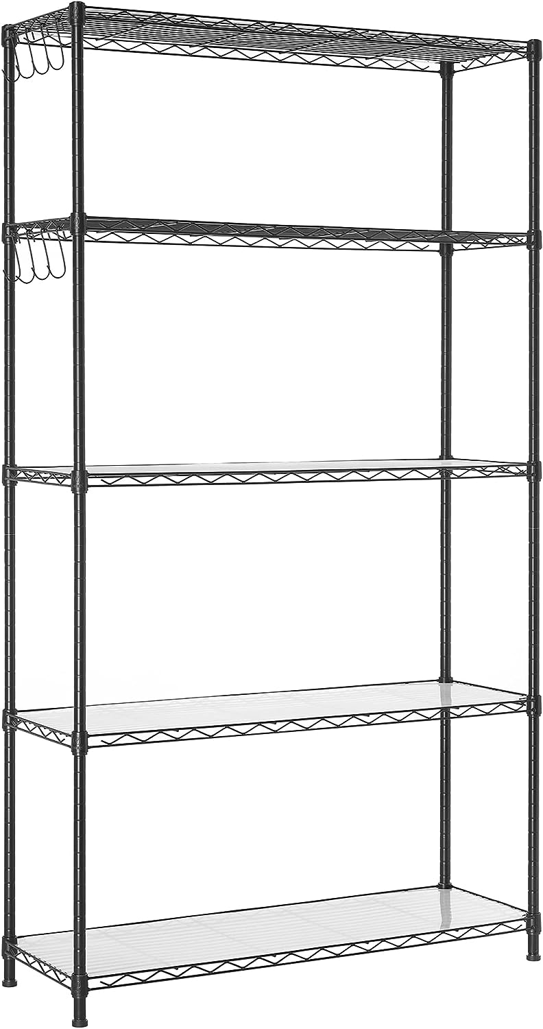 SONGMICS Garage Shelving. 5-Tier Wire Shelving Unit. Kitchen Storage Rack with Adjustable Shelves. Shelf Liners. 8 Hooks. Total Max. Load 440 lb. for Living Room. Garage. Black ULGR095B01
