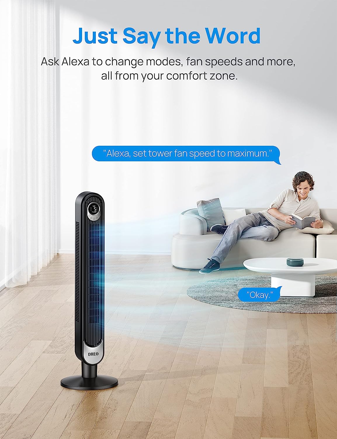 Dreo Smart Tower Fan WiFi Voice Control. Works with Alexa/Google. Cruiser Pro T1S Floor Standing Bladeless Oscillating Fan with Remote. 6 Speeds. 4 Modes. 12H Timer. for Indoor Bedroom Home Office