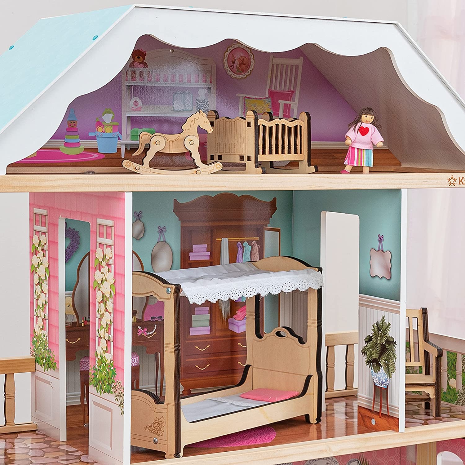 KidKraft Charlotte Classic Wooden Dollhouse with EZ Kraft Assembly™. 14-Piece Accessory Set. for 12-Inch Dolls. Gift for Ages 3+