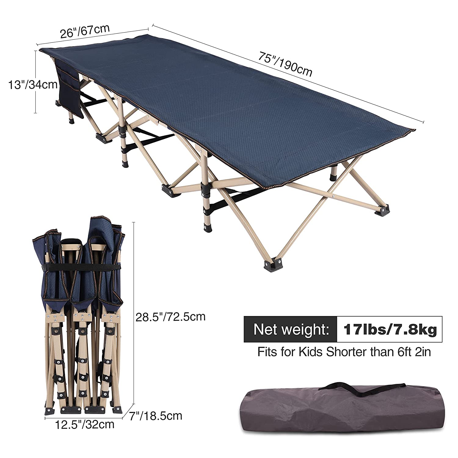 REDCAMP Extra Long Folding Kids Cot for Sleeping 10-15. Portable Toddler Cot Bed Child Travel Cot for Camping. Navy Blue 75”x26”