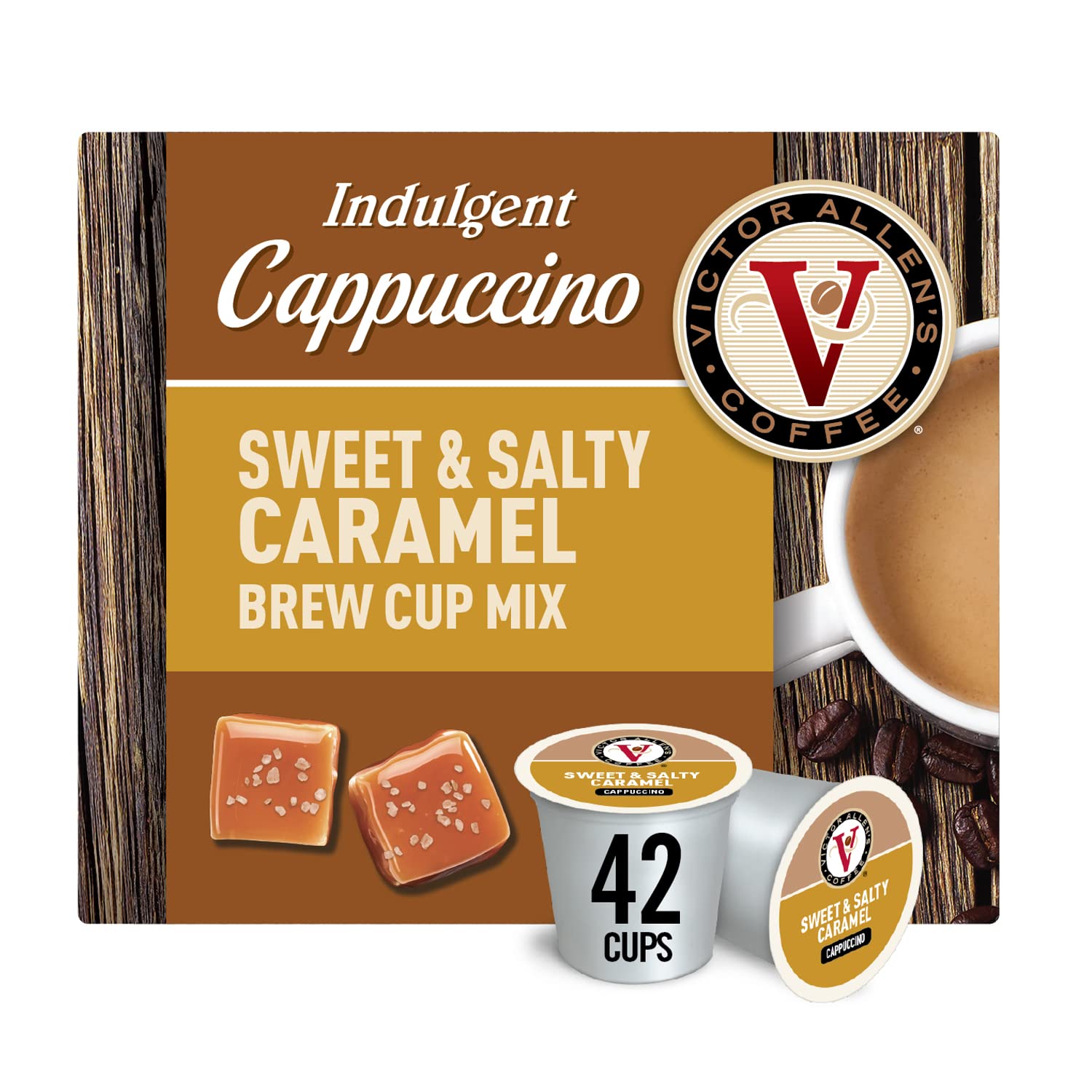 Victor Allen-s Coffee Sweet and Salty Caramel Cappuccino. Flavored Coffee. 42 Count Single Serve Coffee Pods for Keurig K-Cup Brewers