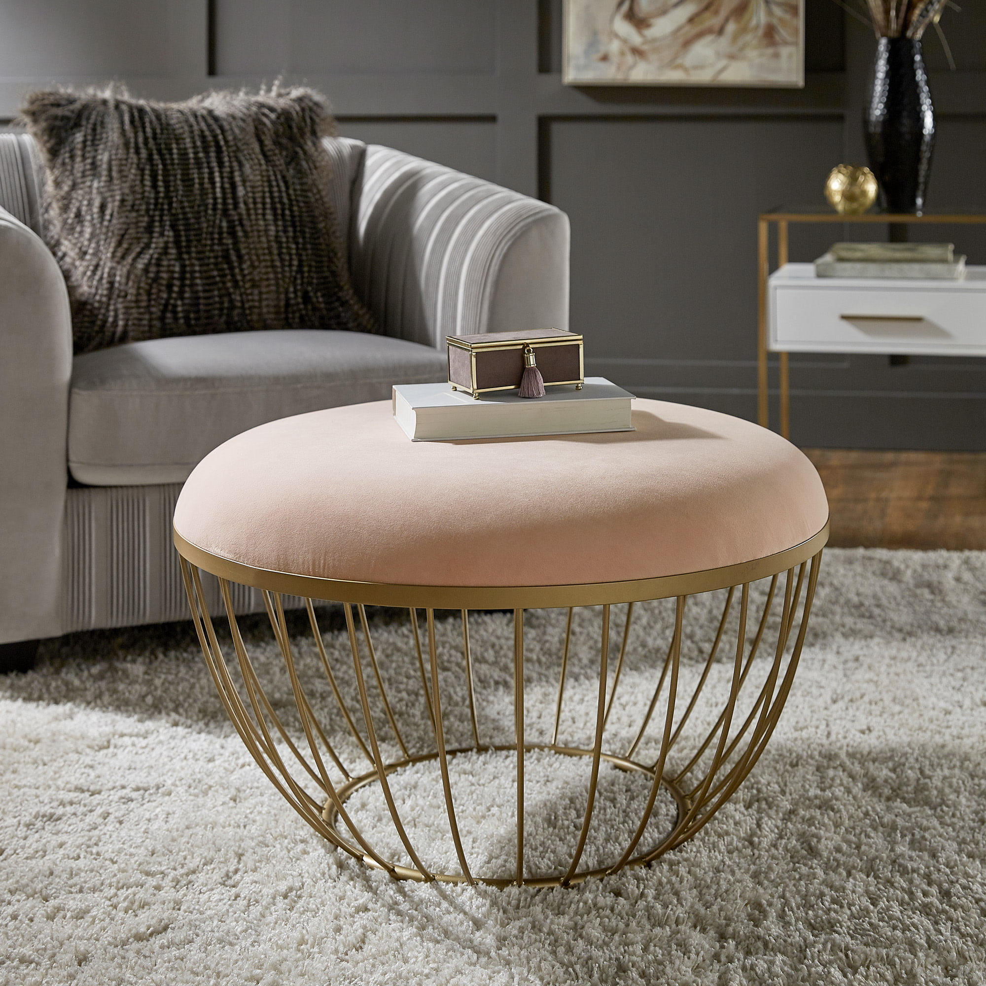 Weston Home Harriette Fabric Upholstered Round Cocktail Ottoman. Blush Pink Velvet