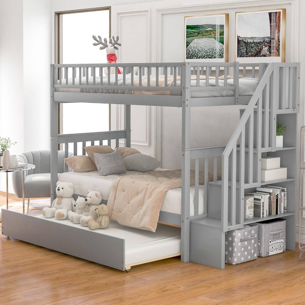 Harper & Bright Designs  Gray Twin Over Twin Bunk Bed with Trundle and Storage Shelves