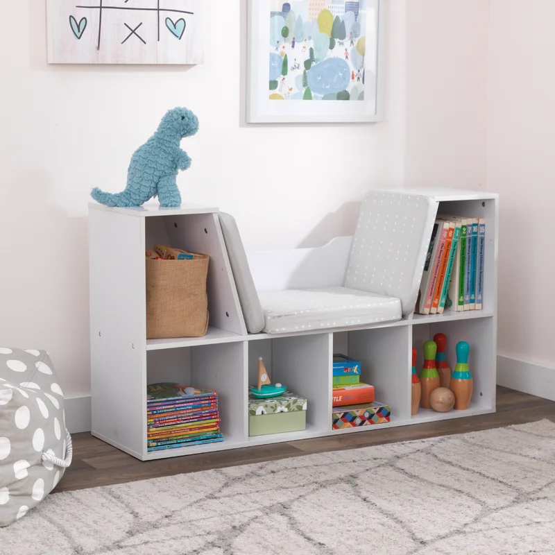 KidKraft Wooden Bookcase with Reading Nook. Storage and Gray Cushion. White. Gift for Ages 3-8
