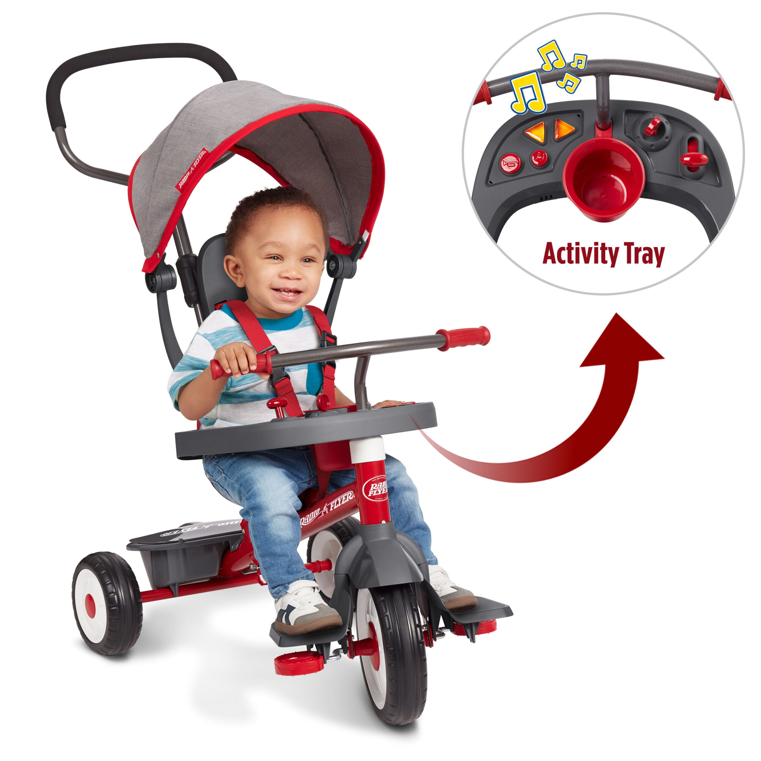 Radio Flyer. 4-in-1 Stroll ‘N Trike with Activity Tray. Red & Gray. Convertible Tricycle