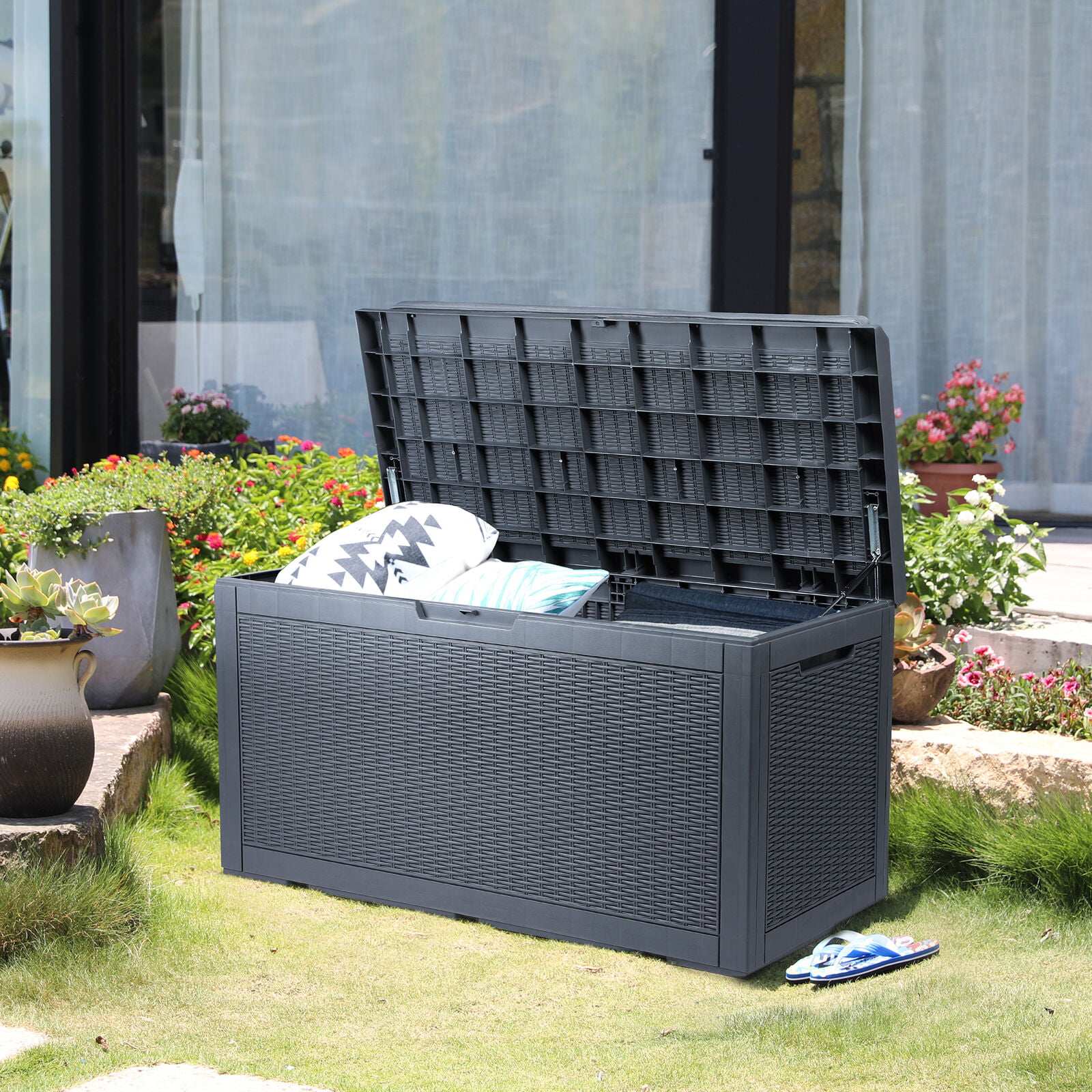 YITAHOME 100gal Large Outdoor Storage Deck Box Patio Container Organizer Bin with Cushion Seating Waterproof. Gray