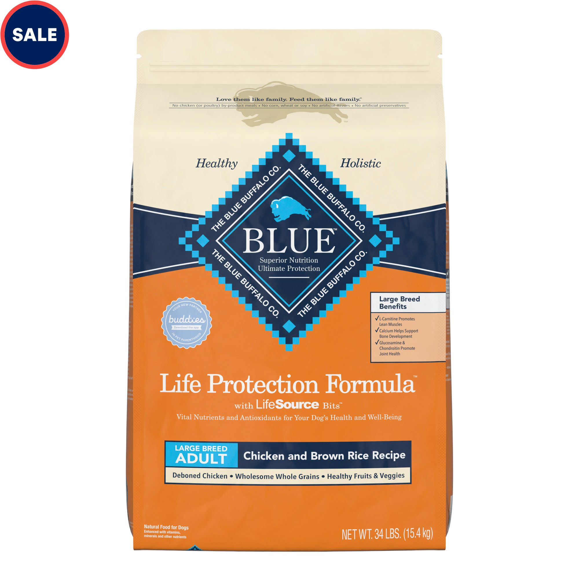 Blue Buffalo Life Protection Formula Natural Adult Large Breed Chicken and Brown Rice Dry Dog Food. 34 lbs.