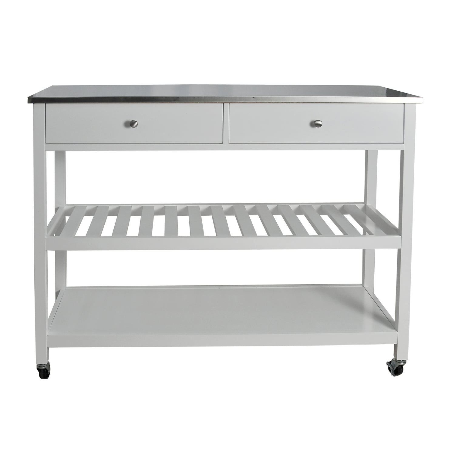 Redmon Mobile Kitchen Island With Two Large Open Shelves. Two Drawer. Stainless Steel Top. White Finish