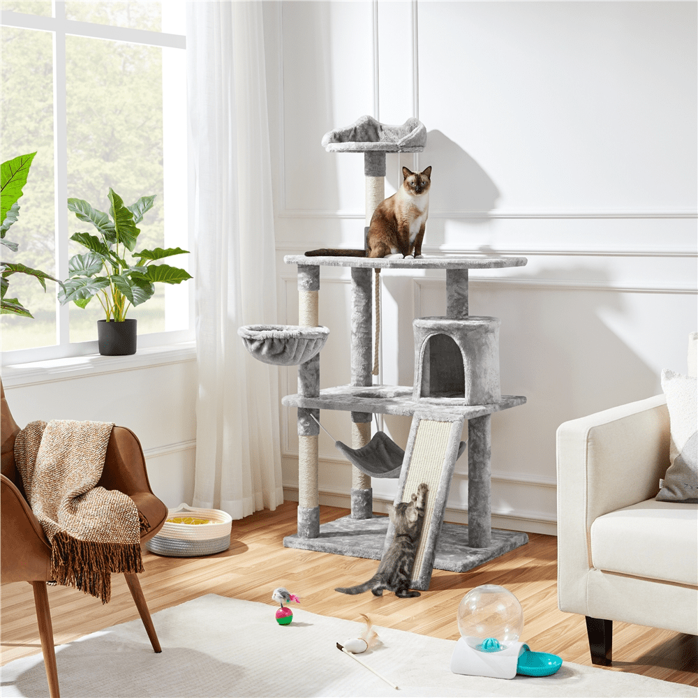 SMILE MART 61″ Cat Tree with Condo and Scratching Post Tower. Light Gray