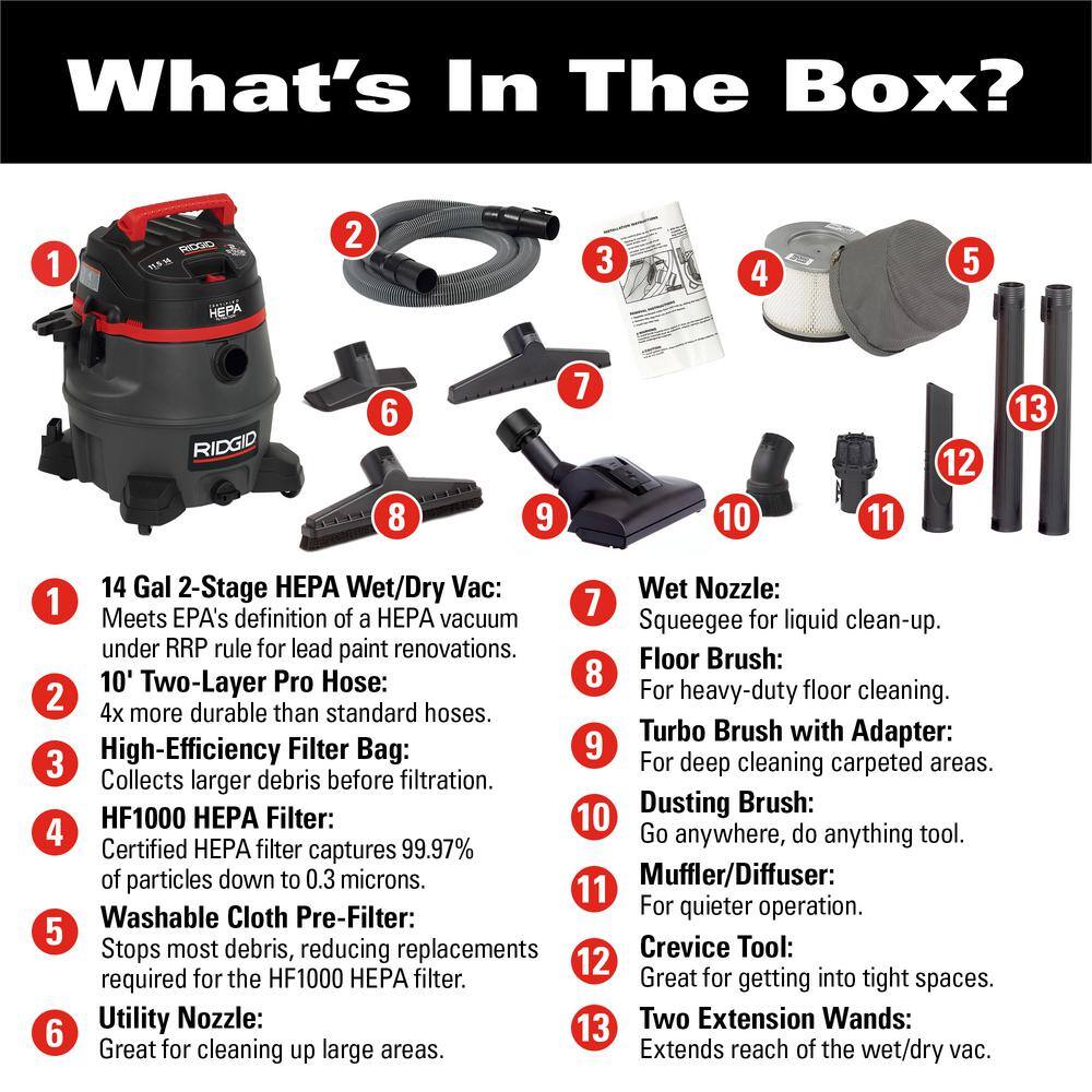 RIDGID 14 Gallon 2-Stage HEPA Commercial Wet/Dry Shop Vacuum with Filter. Dust Bag. Professional Locking Hose and Accessories