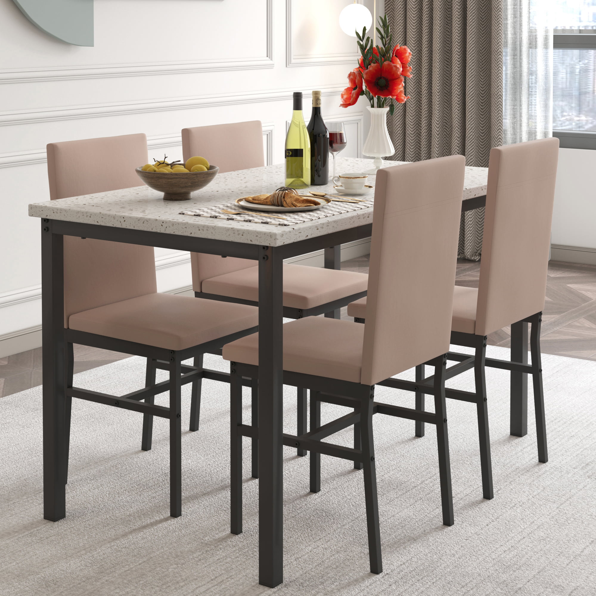 Syngar 5 Piece Dining Set. Modern Dining Table and Chairs Set for 4. Kitchen Dining Table Set with Faux Marble Tabletop and 4 PU Leather Upholstered Chairs. for Small Space. Breakfast Nook. D9265