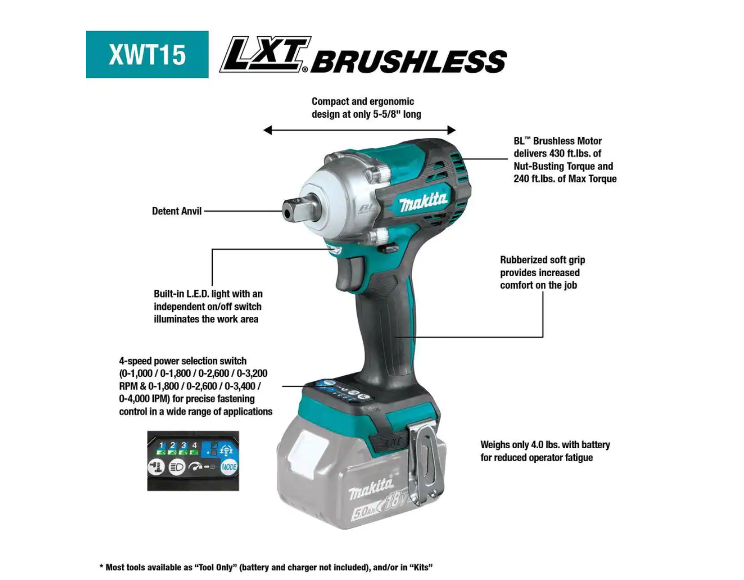 Makita XWT15XVZ 18V LXT Lithium-Ion Brushless Cordless 4-Speed 1/2 in. Utility Impact Wrench w/Detent Anvil (Tool Only)