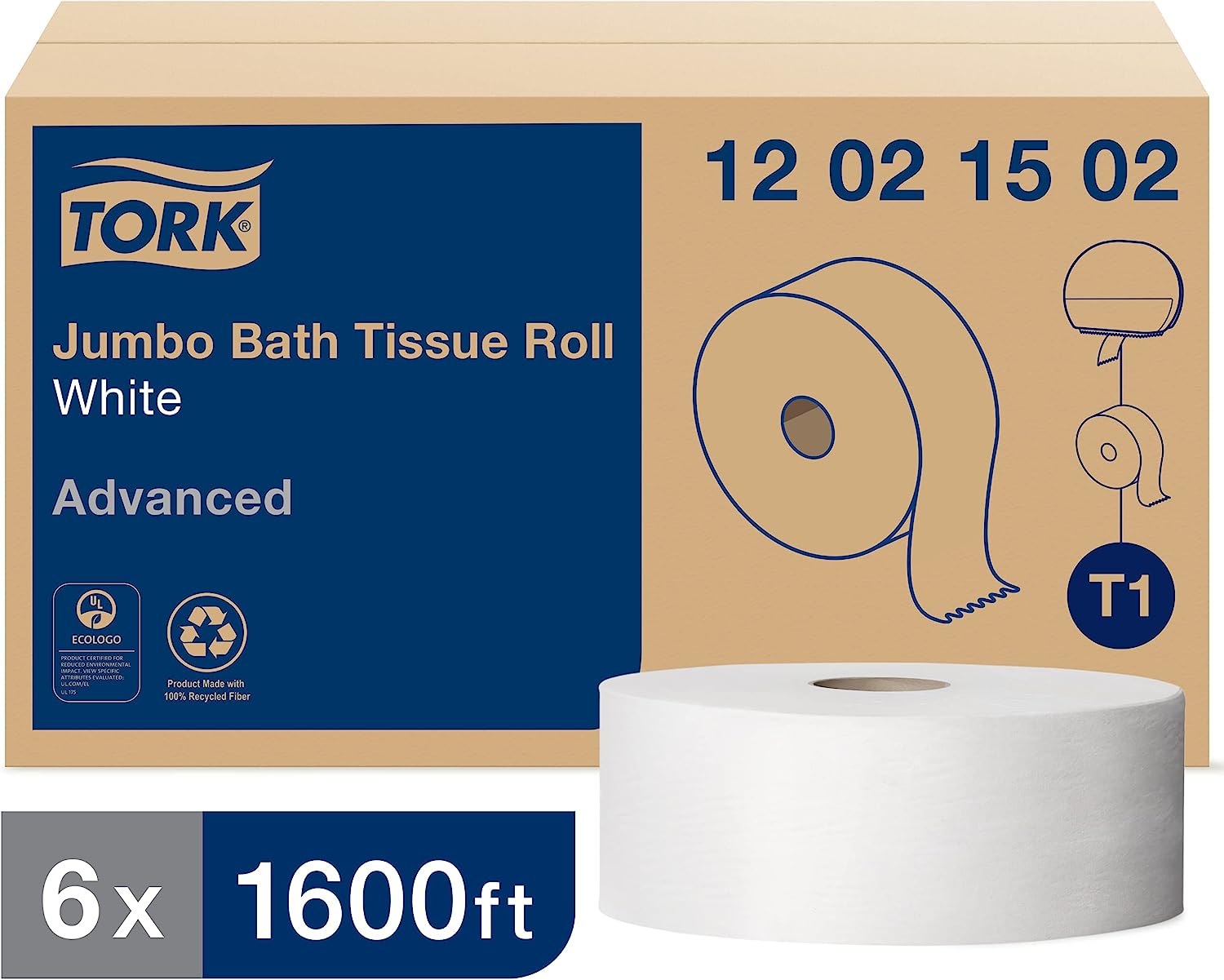Tork Jumbo Toilet Paper Roll White T1. Advanced. 2-ply. 6 x 1600 feet. 12021502