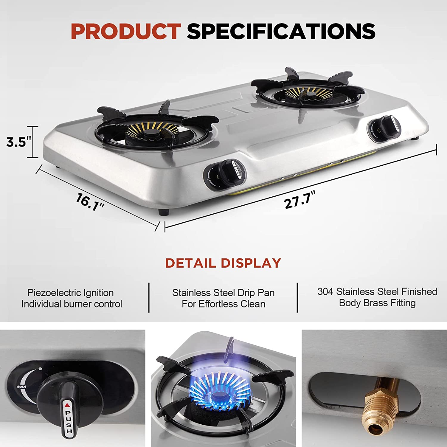Forimo Propane Gas Cooktop 2 Burner Gas Stove Portable Gas Stove Stainless Steel Stove Dual Burner Auto Ignition Camping Dual Burner LPG for RV. Apartment. Outdoor