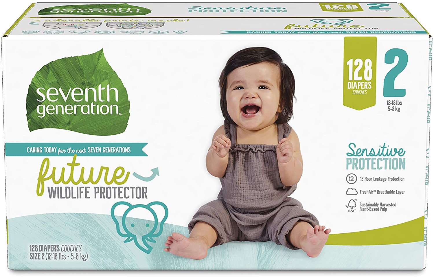 Seventh Generation Baby Diapers. Size 2. 128 Count. Giant Pack. for Sensitive Skin