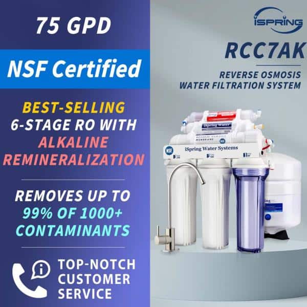 ISPRING RCC7AK 6-Stage Under Sink Reverse Osmosis Drinking Water Filter System with Alkaline Remineralization. NSF Certified