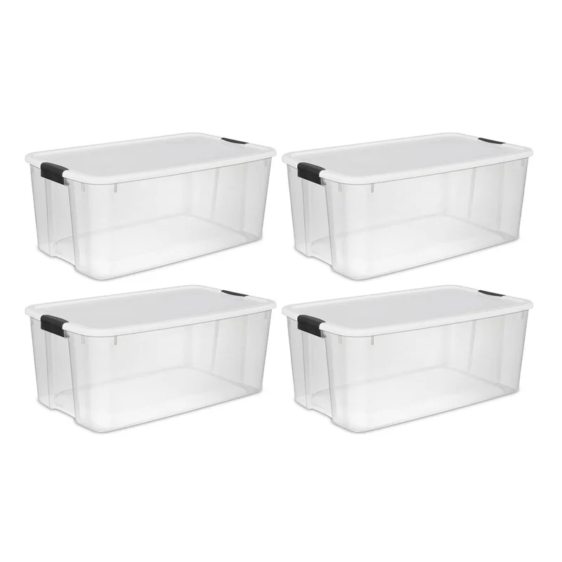 Sterilite 19909804 116 Quart/110 Liter Ultra Latch Box. Clear with a White Lid and Black Latches. 4-Pack