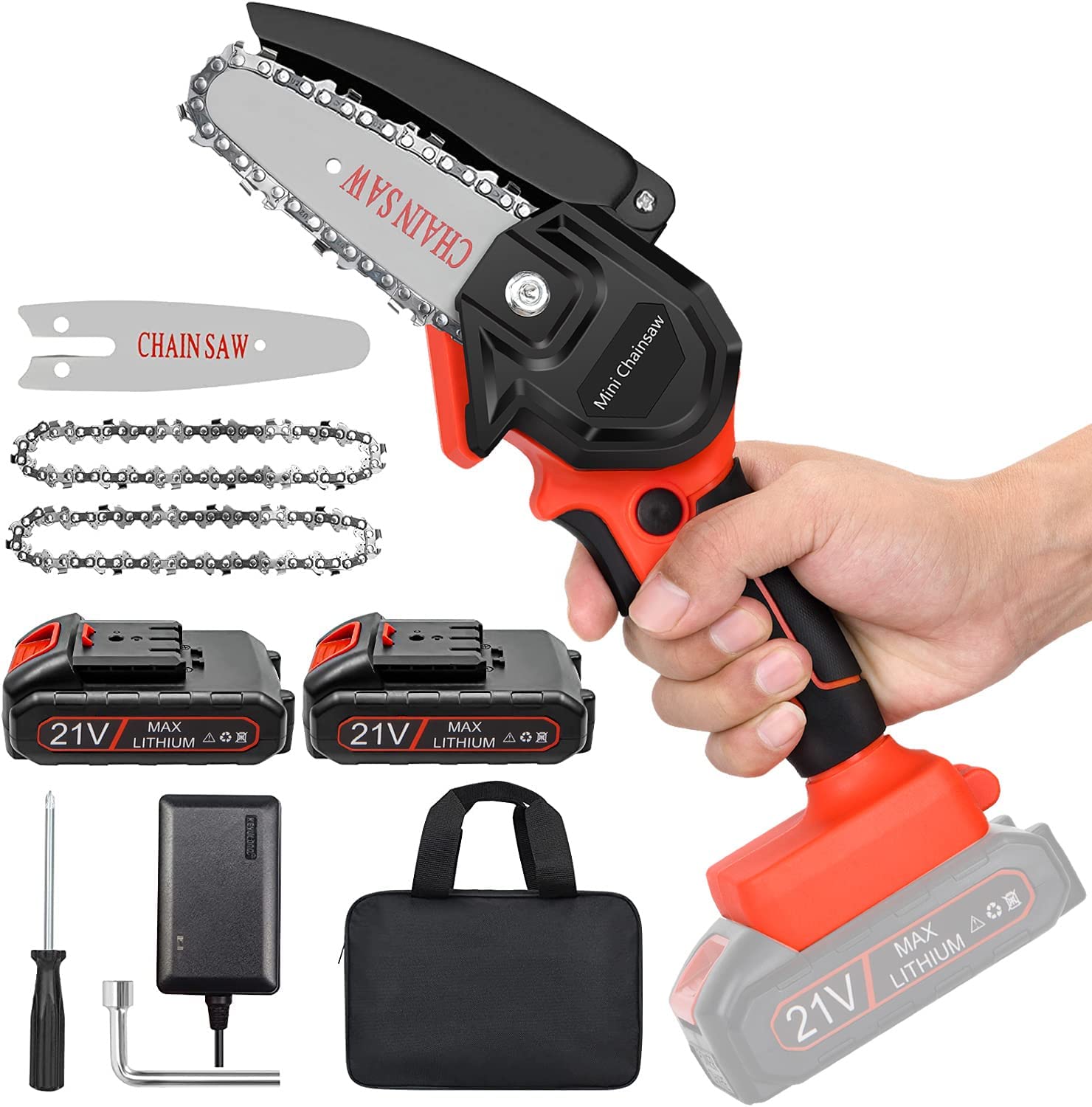 New Huing Mini Cordless Chainsaw Kit. Upgraded 4″ One-Hand Handheld Electric Portable Chainsaw. 21V Rechargeable Battery Operated. for Tree Trimming and Branch Wood Cutting