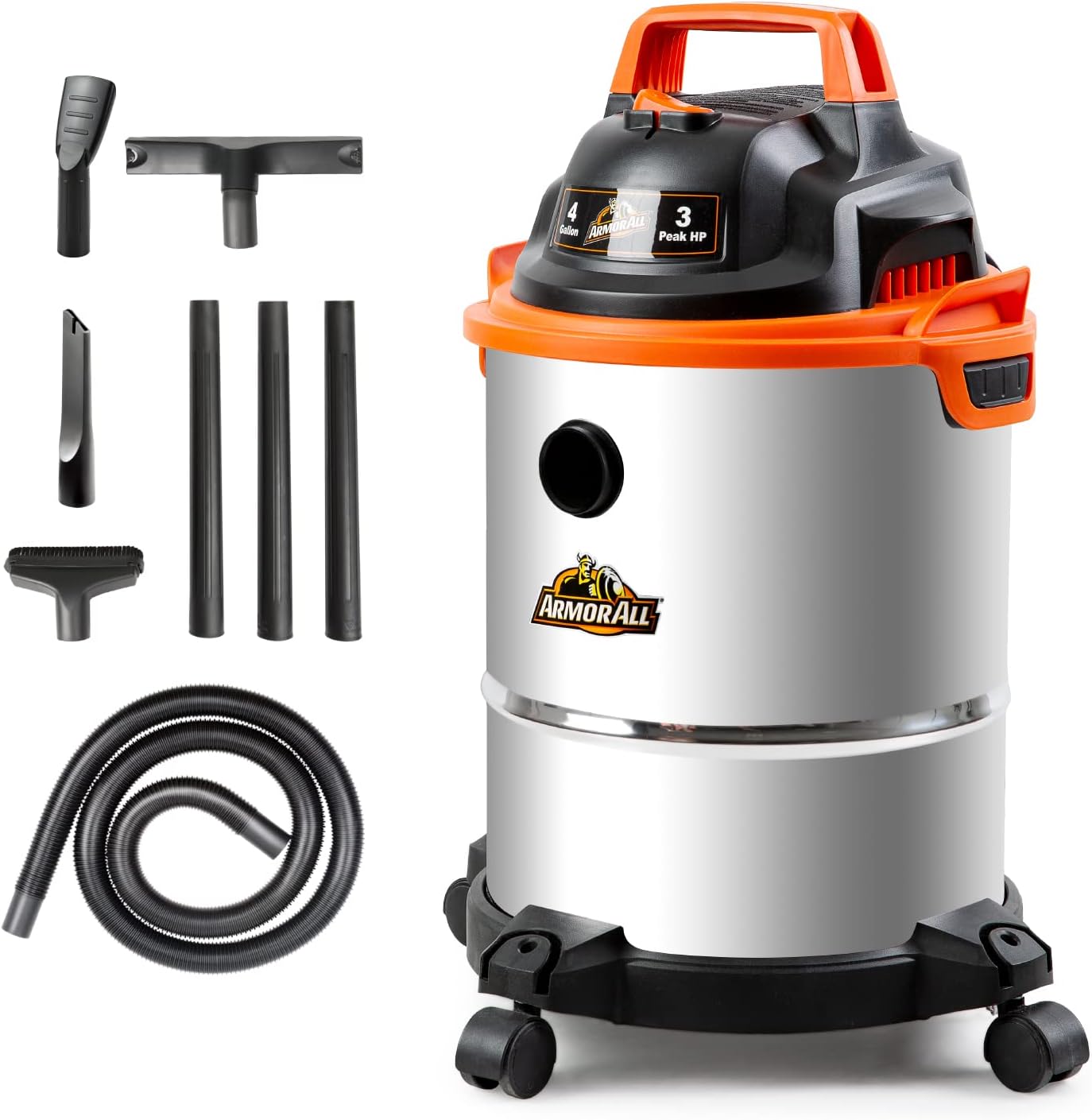 Armor All VO408S 0901 4 Gallon Wet/Dry Vac 3.0 Peak HP Shop Vacuum with 3 Nozzles and 1 Brush. Stainless Steel Tank. Orange