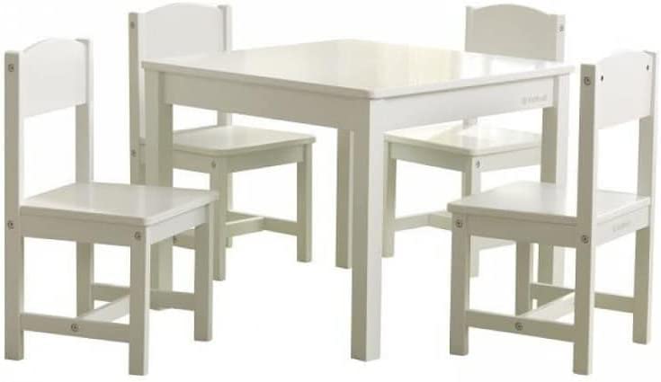 KidKraft Wooden Farmhouse Table & 4 Chairs Set. Children-s Furniture for Arts and Activity - White. Gift for Ages 3-8
