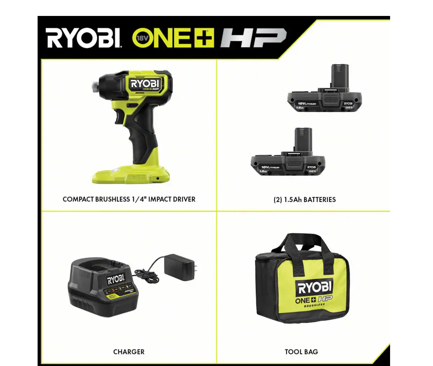 RYOBI PSBID01K ONE+ HP 18V Brushless Cordless Compact 1/4 in. Impact Driver Kit with (2) 1.5 Ah Batteries. Charger and Bag