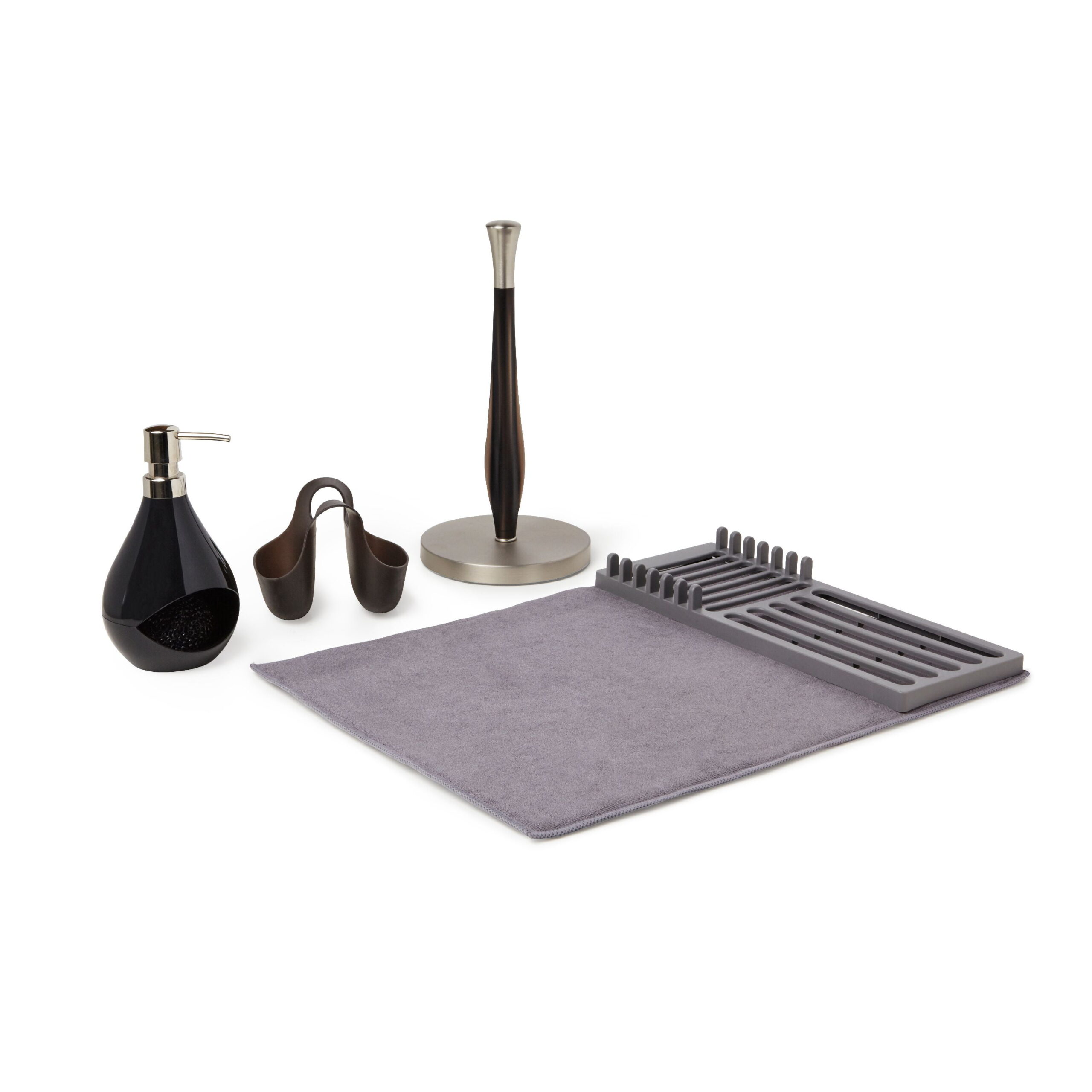 Mainstays 4 Piece Kitchen Accessories Set with Dish Mat. Paper Towel Holder. Soap Pump and Sink Caddy