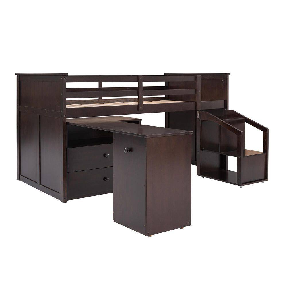 Qualler  Espresso Twin Size Loft Bed With Storage Steps and Desk
