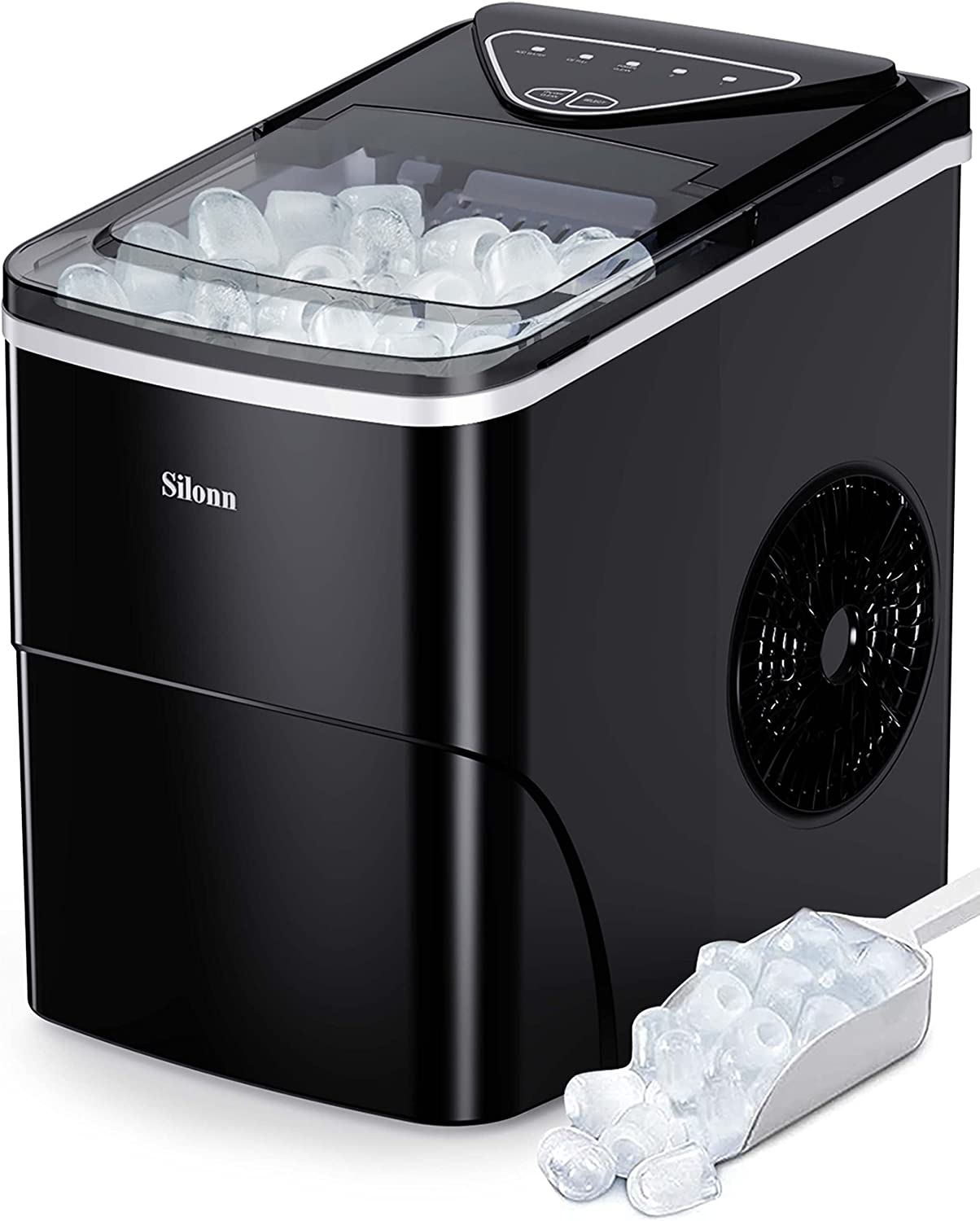 Silonn Ice Makers Countertop. 9 Cubes Ready in 6 Mins. 26lbs in 24Hrs. Self-Cleaning Ice Machine with Ice Scoop and Basket. 2 Sizes of Bullet Ice for Home Kitchen Office Bar Party (Black)