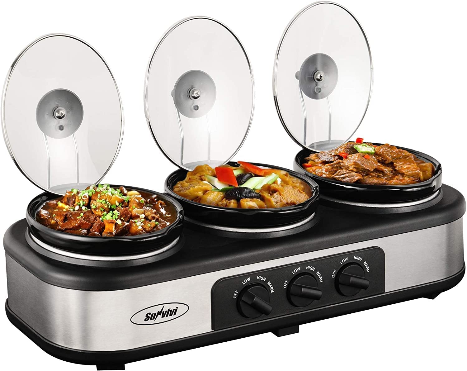 Sunvivi Slow Cooker. Triple Slow Cooker Buffet Server 3 Pot Food Warmer. 3-Section 1.5-Quart Oval Slow Cooker Buffet Food Warmer Adjustable Temp Lid Rests Stainless Steel. Total 4.5 QT