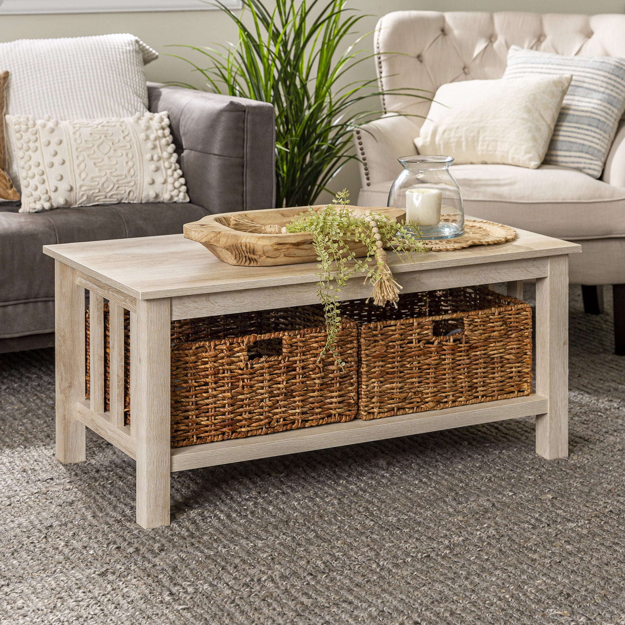 Woven Paths Traditional Storage Coffee Table with Bins. White Oak