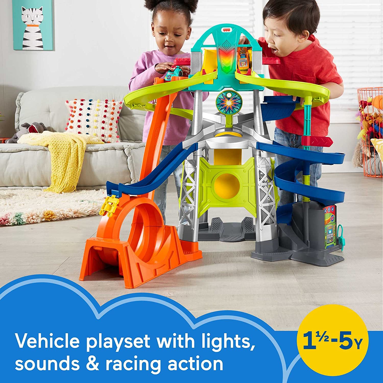 Fisher-Price Little People Toddler Playset Launch & Loop Raceway Race Track with Lights Sounds & 2 Toy Cars for Ages 18+ Months