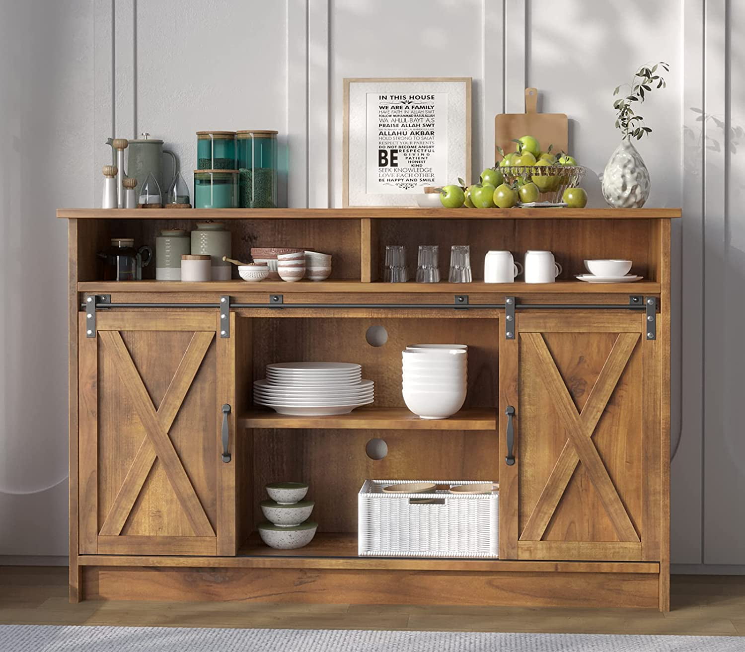 Farmhouse Bar Cabinet with Sliding Barn Doors. 52″ Buffet Storage Sideboard with 4 Adjustable Shelves. Rustic Brown