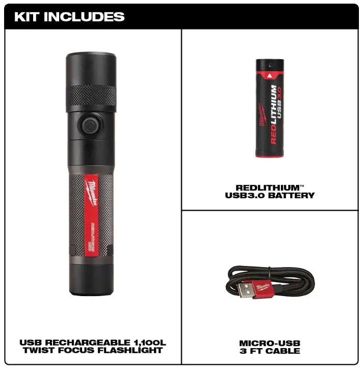 Milwaukee 1100 Lumens LED USB Rechargeable Twist Focus Flashlight with REDLITHIUM USB Charger and Portable Power Source Kit