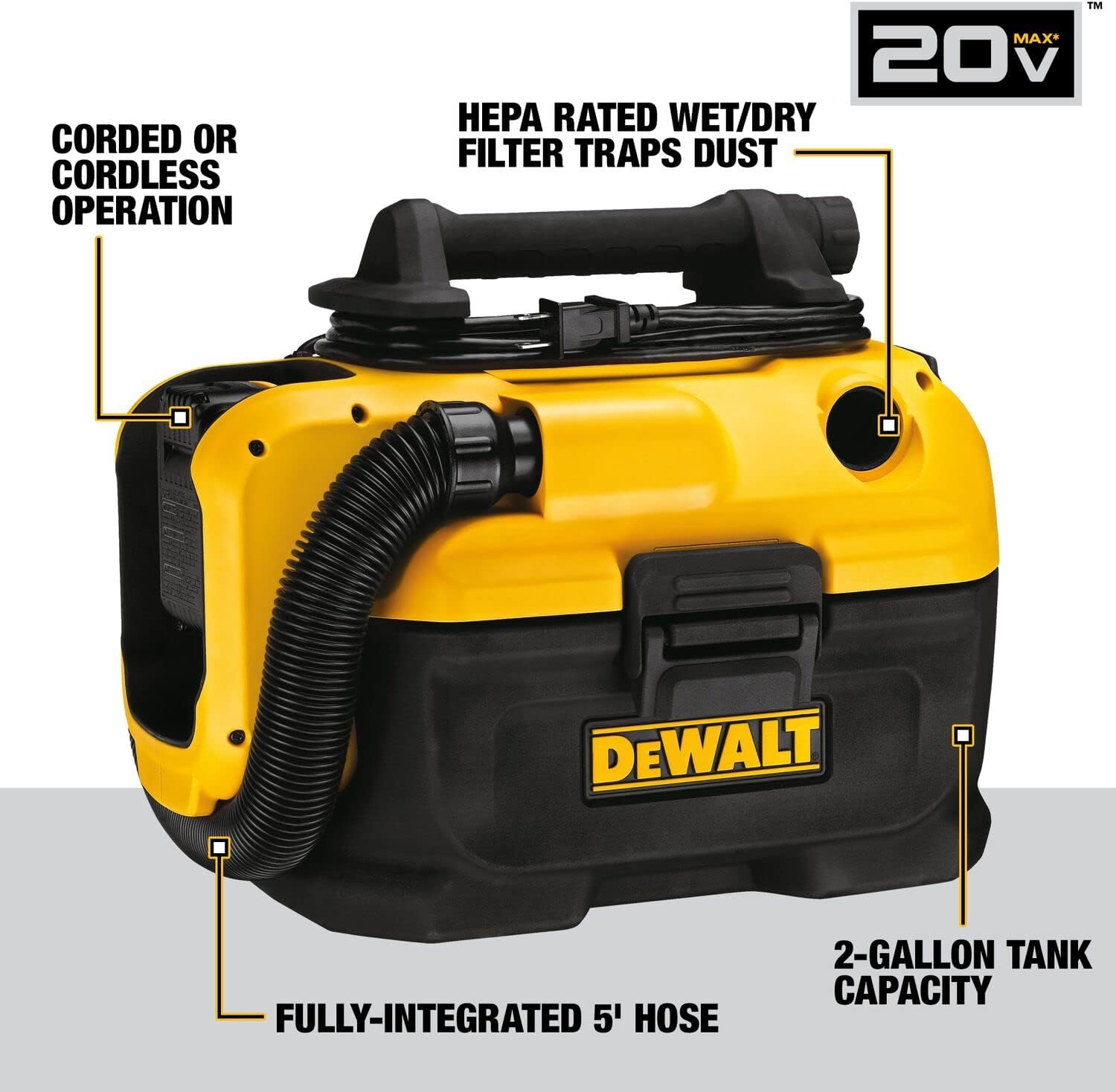 DEWALT 20V MAX Vacuum. Wet/Dry. Tool Only (DCV581H).Black. Yellow