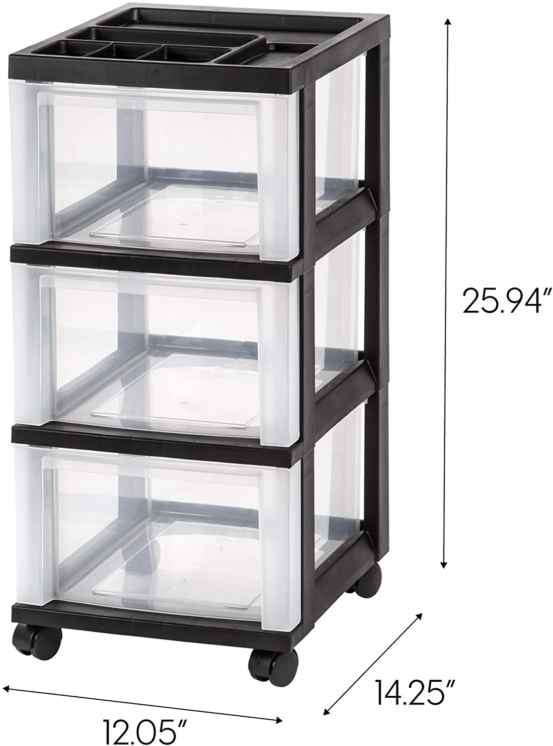 IRIS USA MC Plastic Storage Drawer. Rolling Cart with Organizer Top. 3. Black