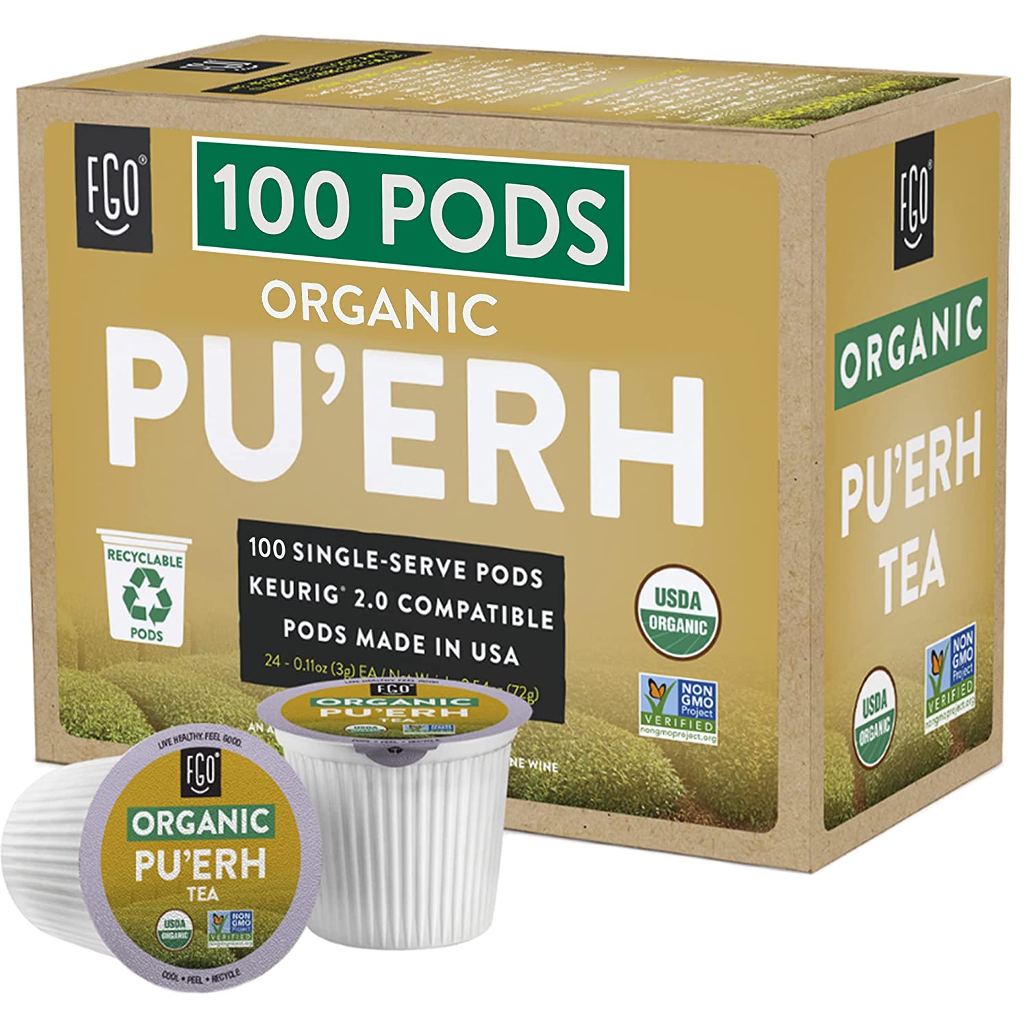FGO Organic Puerh K-Cup Pods 100 Pods - Keurig Compatible - Naturally Occurring Caffeine. Premium Puerh Tea is USDA Organic. Non-GMO. & Recyclable