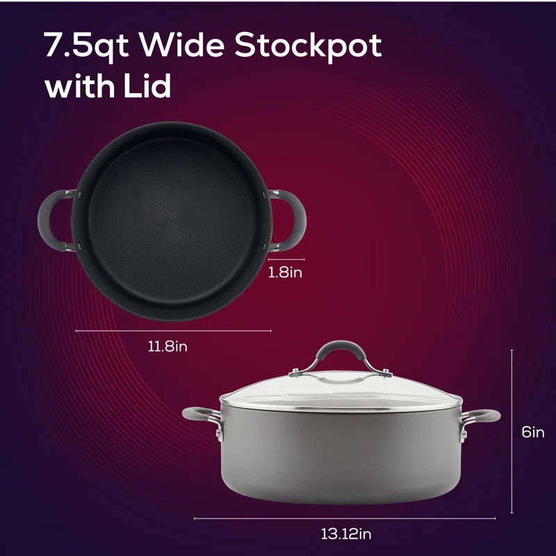 Circulon 83908 Radiance 7.5 qt. Hard-Anodized Aluminum Nonstick Stock Pot in Gray with Glass Lid
